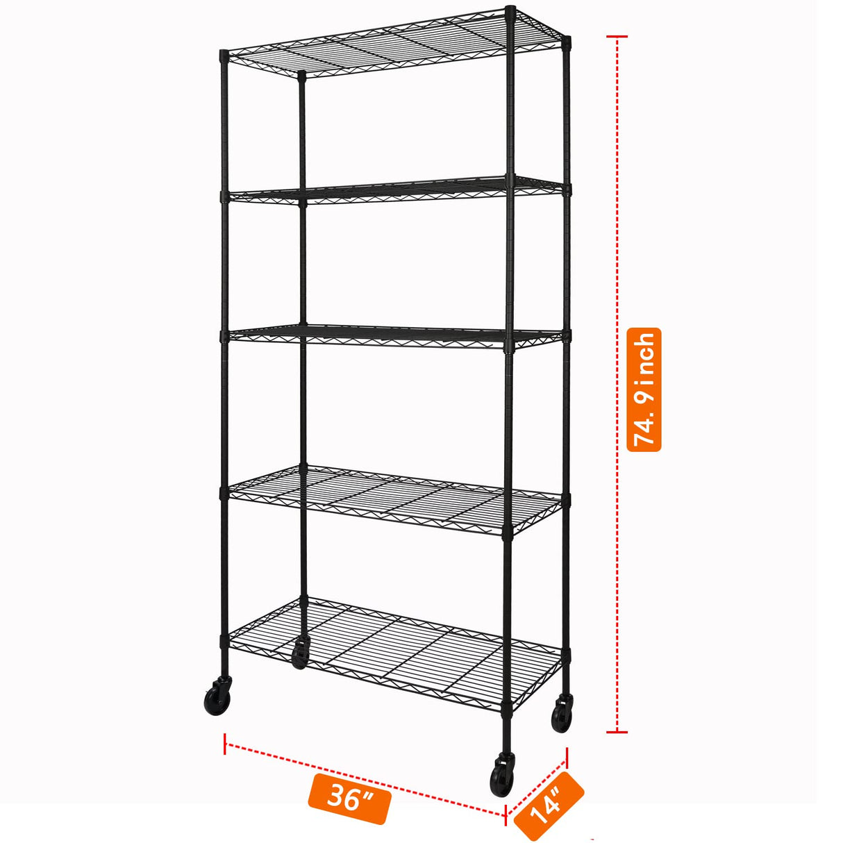 5-Shelf Adjustable Heavy Duty Storage Shelving Unit on 4 Wheel Casters, Metal Organizer Wire Rack for Laundry Bathroom Kitchen Pantry Closet, Black Soywey