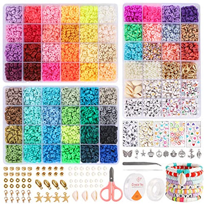QUEFE 13000pcs, 60 Colors, Clay Beads for Bracelet Making Kit, Flat Round Polymer Heishi Beads with Letter Beads for DIY Craft Gifts, Necklace