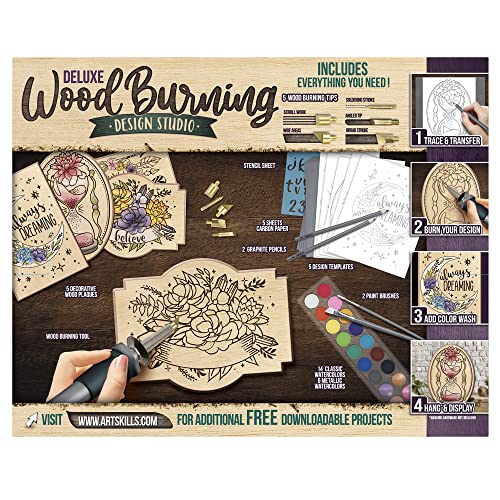 ArtSkills Wood Burning Kit for Beginners - Deluxe Pyrography Wood Engraving Art Kit with Burner Pen, Stencils, Watercolor Paints - 48 Piece DIY ArtSkills
