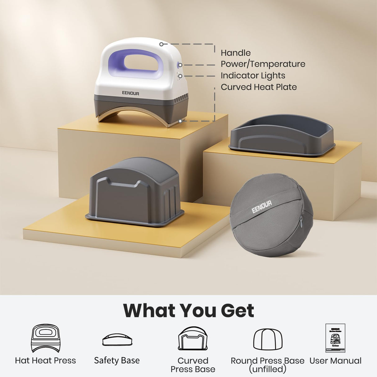 EENOUR Hat Press Machine, Mini Heat Press for Caps with 3 Heating Levels & Auto-Off, Handheld Cap Easy Press with 3"×5.5" Arched Heating Plate, 2 EENOUR