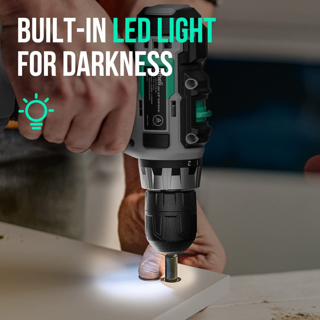 Litheli Cordless Drill Set, 20V Max Power Drill Cordless Set, 3/8” Keyless Chuck, 18+1 Torque Settings, Variable Speed, w/ 2.0 Ah Battery and 1 Hour LiTHELi