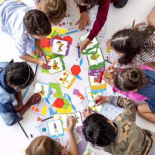 LovesTown 209 PCS Wooden Pattern Blocks, Geometric Shapes Blocks Pattern Blocks with Cards Tangram Puzzles for Kids Educational Tangram Toys LovesTown