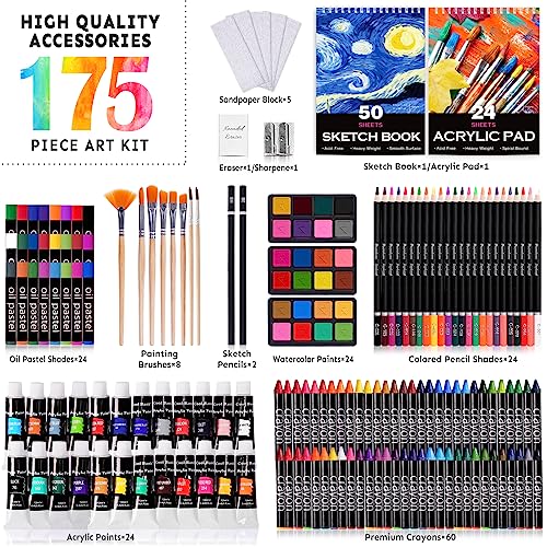 175 Piece Deluxe Art Supplies, Art Set with 2 A4 Drawing Pads, 24 Acrylic Paints, Crayons, Colored Pencils, Art Kit for Adults Artist Beginners Kids COOL BANK