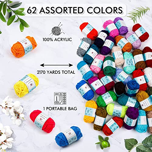 INSCRAFT 62 Acrylic Yarn Skeins, 2170 Yards Yarn for Knitting and Crochet, Includes 2 Crochet Hooks,2 Weaving Needles,10 Stitch Markers, Perfect INSCRAFT