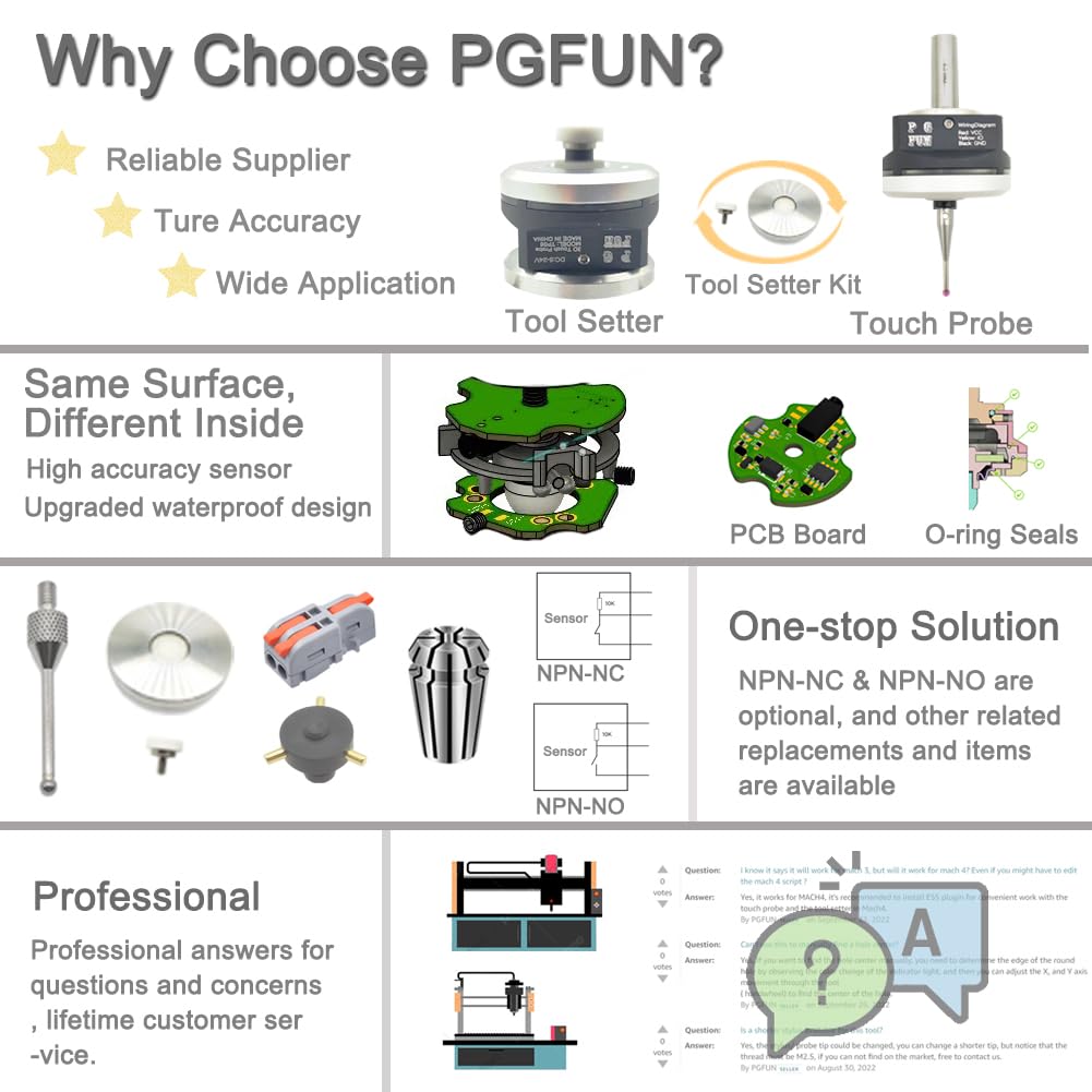 PGFUN CNC 3D Touch Probe XYZ Axis Edge Finder 3-Coordinate Measuring Sensor Kit with 8 mm Shank & 2.0 mm Ruby Ball Tip (NPN-NO) PGFUN