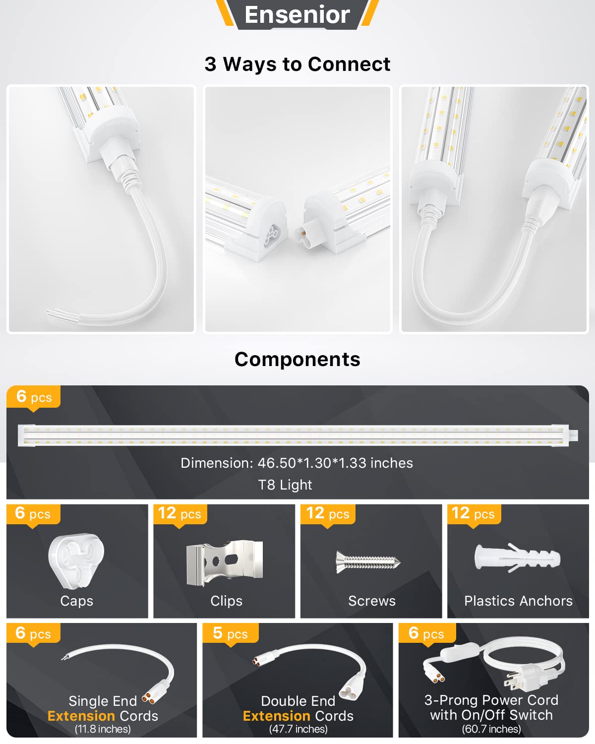 Ensenior 6 Pack 4 FT Led Shop Lights, 6000K Clear White, 5000LM Super Bright, 36W Equivalency 468W, Commercial Bay Lighting, U-Shaped Linkable Shop Ensenior
