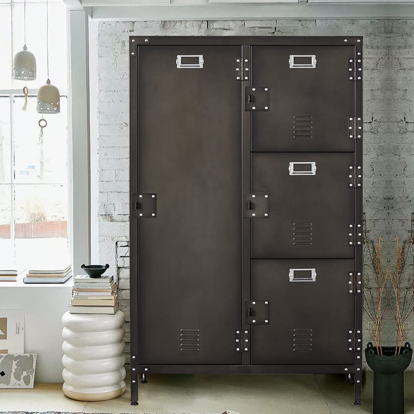 MIIIKO Steel Wardrobe Cabinet Locker, Rustic Metal Storage Cabinet with Shelf, Lockable Doors and Hanging Rod, Industrial Locker Cabinet for Locker MIIIKO