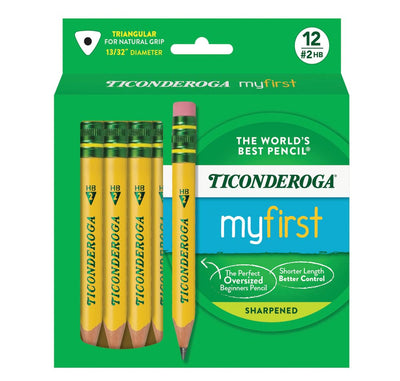 Ticonderoga My First Short Triangular Wood-Cased Pencils, 2 HB Soft, With Erasers, Yellow, 12 Count