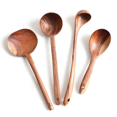 FJNATINH Wooden Soup Ladle Set, Kitchen Spoon Set Utensils, 4 Pcs Handmade Natural Teak Cooking Spoons, Long Handle Wooden Soup Ladle Spoon