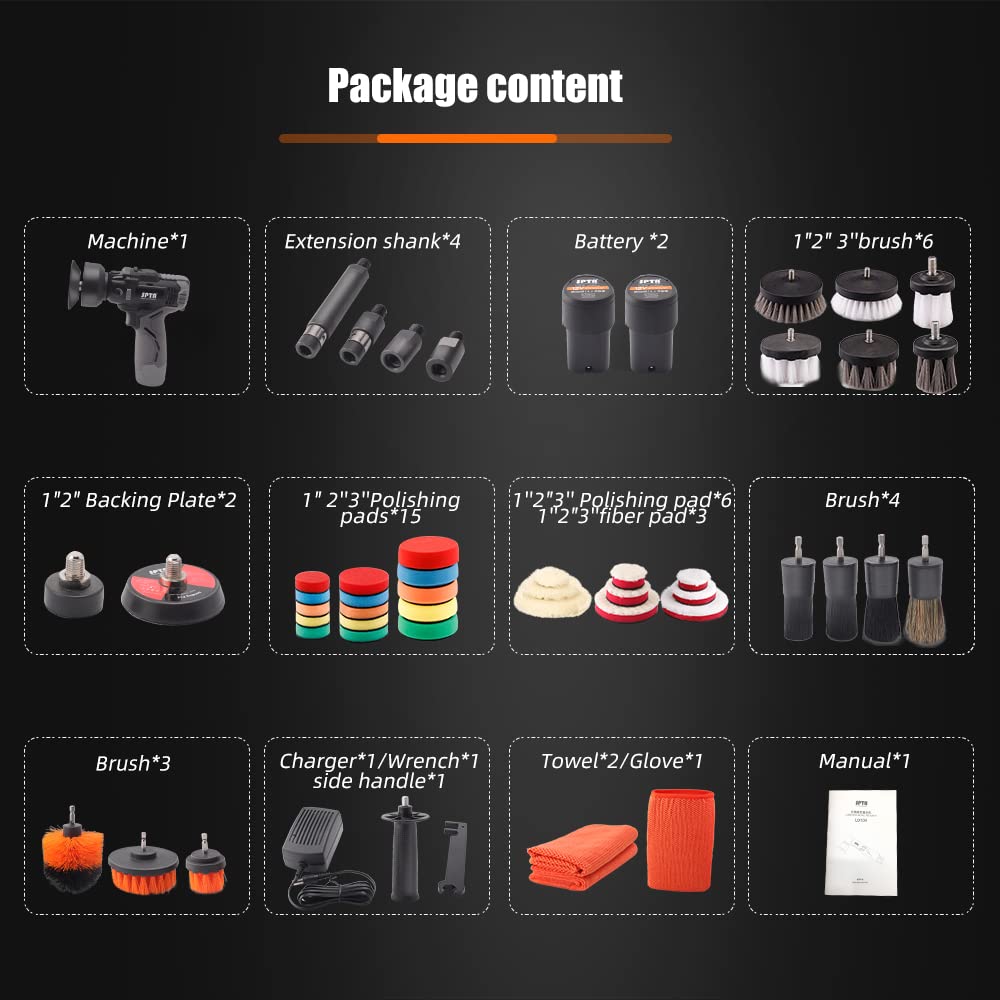 SPTA 12V Cordless Car Polisher Tool Sets, Cordless Drill Variable Speed Polisher and Buffer, 2000mAh Li-ion Battery with Fast Charger and Polishing SPTA