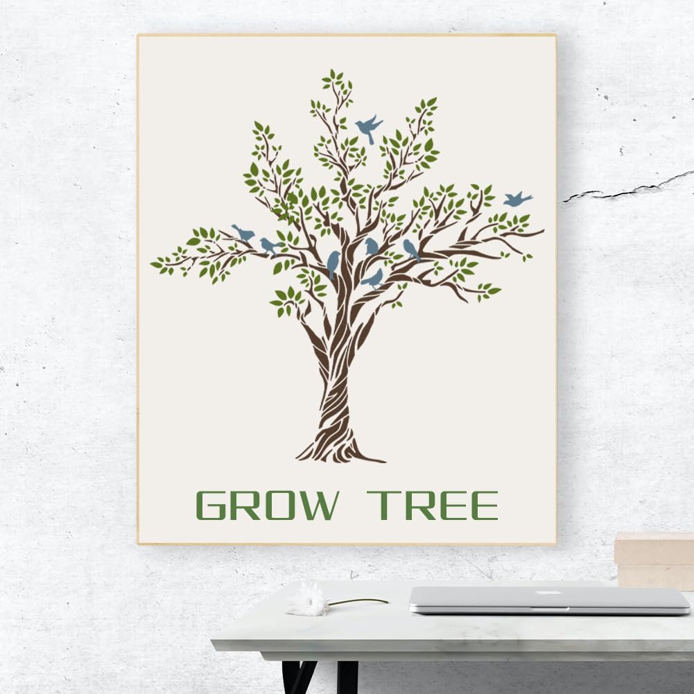 MAYJOYDIY 3pcs Large Tree Bird Branch Stencils 30.8×30.8inch Splice Size Bird On Tree Branch Template with Paint Brush 11.8×11.8inch Stencil Size for MAYJOYDIY