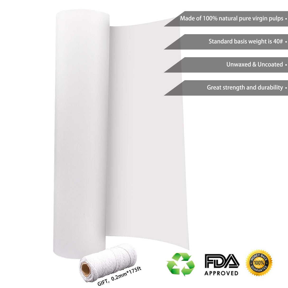 YRYM HT White Kraft Butcher Paper Roll -18 inch x 2100 inch (176 ft) Food Grade White Wrapping Paper for Meats of All Varieties - Unbleached Unwaxed YRYM HT