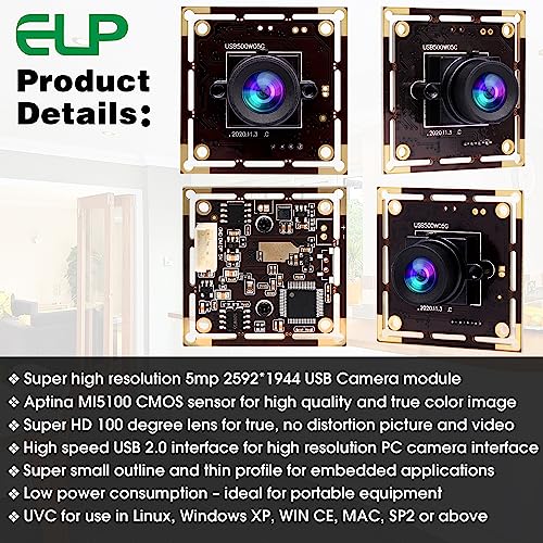 ELP 5mp Wide Angle USB Camera Module for Computer and Raspberry Pi Mini UVC USB2.0 PC Camera 100degree Low Distortion Webcam Board MI5100 Lightburn ELP