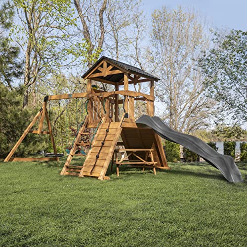 Backyard Discovery Endeavor II All Cedar Wood Swing Set Playset for Backyard with Gray Wave Slide Climbing Wall with Rope Picnic Table Double Wide Backyard Discovery