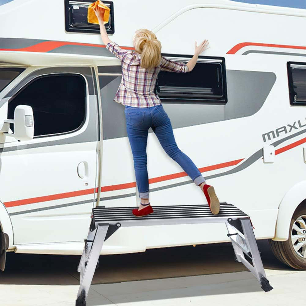 Aluminum Work Platform Large Size Step Stool Folding Portable Work Bench with Non-Slip Mat Capacity 660 LBS Heavy Duty LEADALLWAY