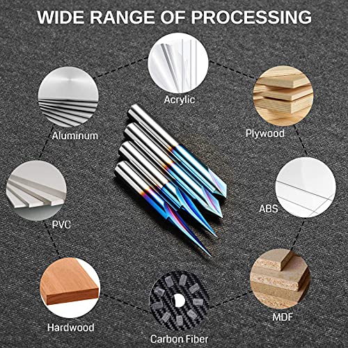 Genmitsu CNC Wood Carving Router Bits Set, 1/4'' Shank, 4 PCS, 15° Detail Carving Liner+ 20° Profile bit+ 60° & 90° V Groove, WC04A Genmitsu