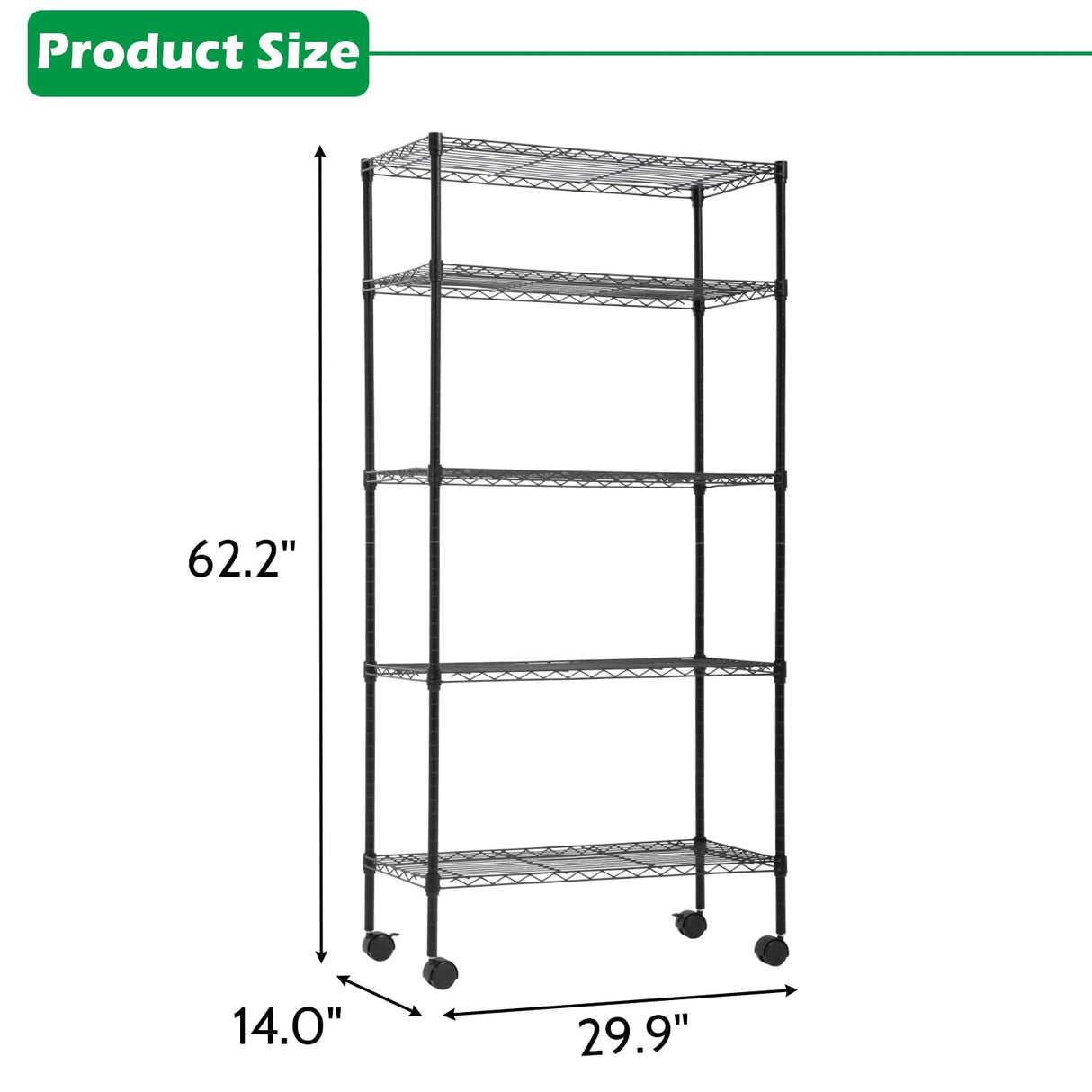 14"x30"x60" Commercial Storage Shelves Heavy Duty Shelving 5 Tier Layer Wire Shelving Unit with Wheels Metal Wire Shelf Standing Garage Shelves BestOffice