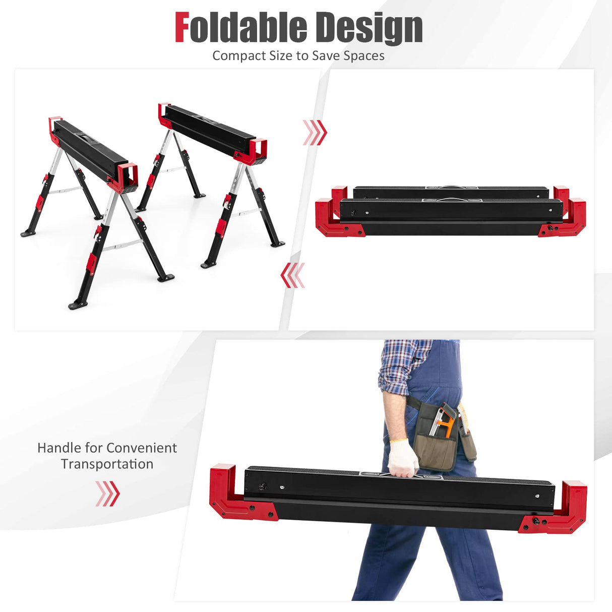 IRONMAX Folding Saw Horses 2 Pack, Height Adjustable Sawhorse 2600 Lbs Capacity w/ Flip-down Support Pegs & 2x4 Support Arms, Easy Carry Sawhorses IRONMAX