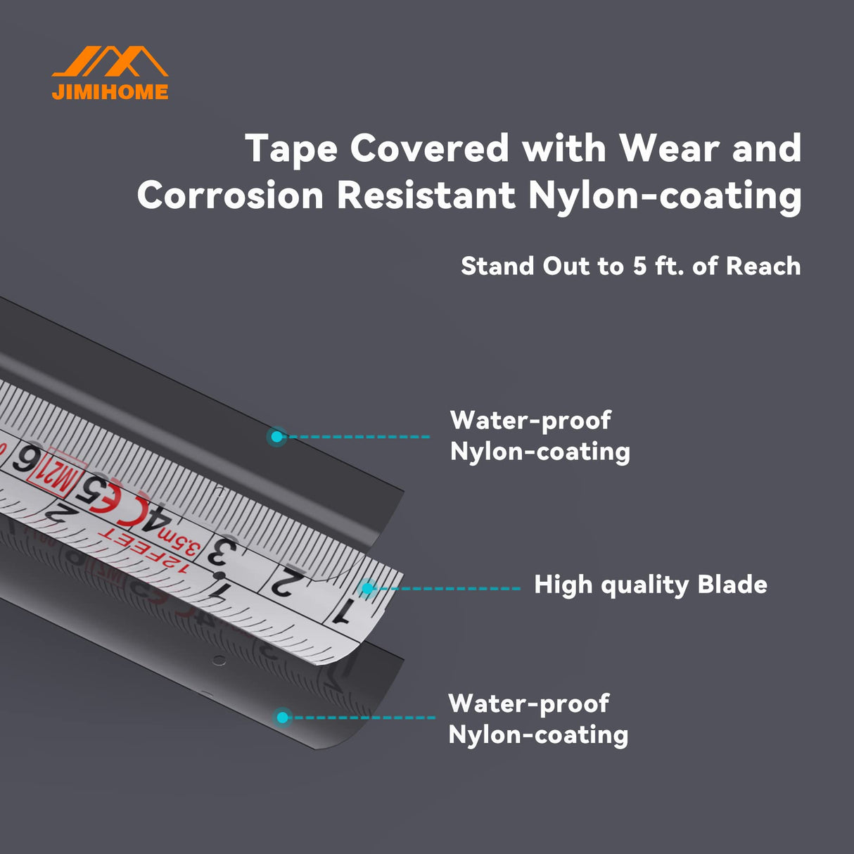JIMIHOME Household Tool Essential 12 Ft. Tape Measure 3.5 m Metric Imperial Wear Corrosion Resistant Nylon-Coating Impact-Resistant Retraction Speed JIMIHOME
