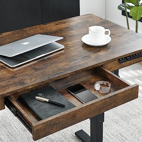 Yoimori Electric Standing Desk with Drawer,48 x 24 Inches Standing Desk Adjustable Height Desk with 12W Wireless Charging,One-Piece Wooden Desktop Yoimori