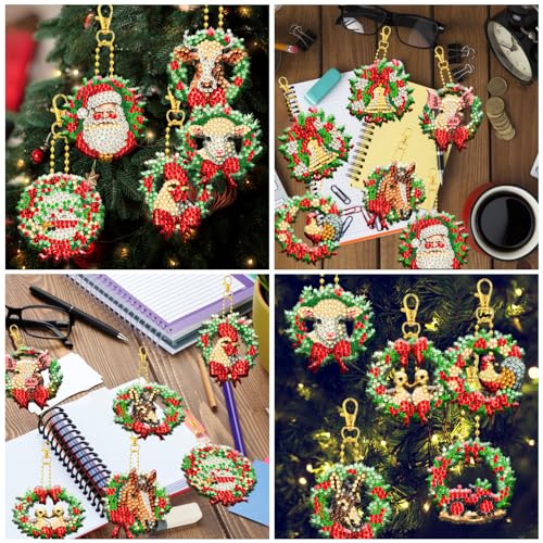 12 Pcs Christmas Diamond Painting Keychains Kit Double Sided DIY Cute Christmas Farm Animals Diamond Painting Keychains for Beginners Adults Art Demonwer