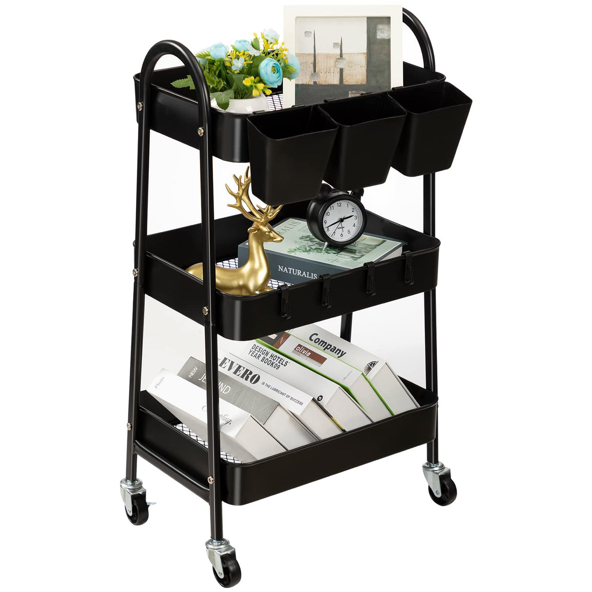 danpinera 3-Tier Rolling Cart, Metal Rolling Storage Cart with Lockable Wheels & Hanging Cups & Hooks, Mobile Trolley Cart for Kitchen, Bathroom, danpinera