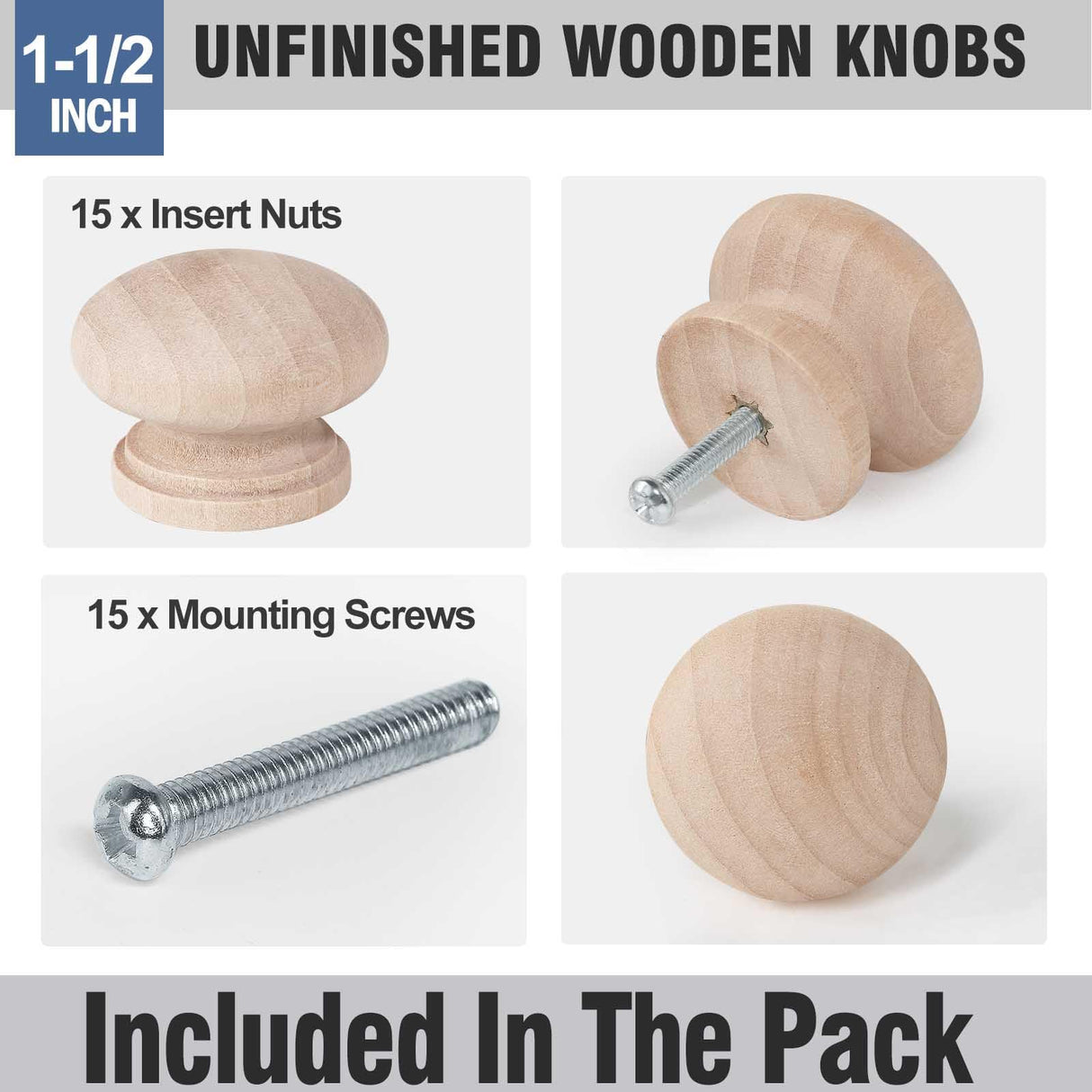 FoDau770 15pcs Unfinished Wood Knobs, Mushroom Shape Cabinet Knobs Vintage Drawer Knobs, Natural Wooden Cabinet Hardware for Furniture Drawer Dresser FoDau770