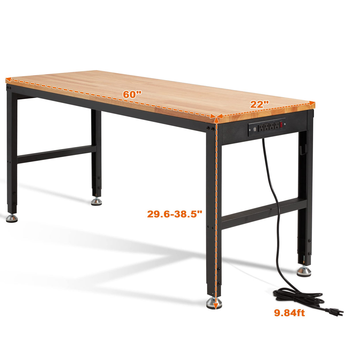 Haddockway Adjustable Workbench for Garage, 60" x 22" Rubber Wood Top Work Bench with Power Outlets, Max 2000 Lbs Load Capacity Heavy Duty Haddockway
