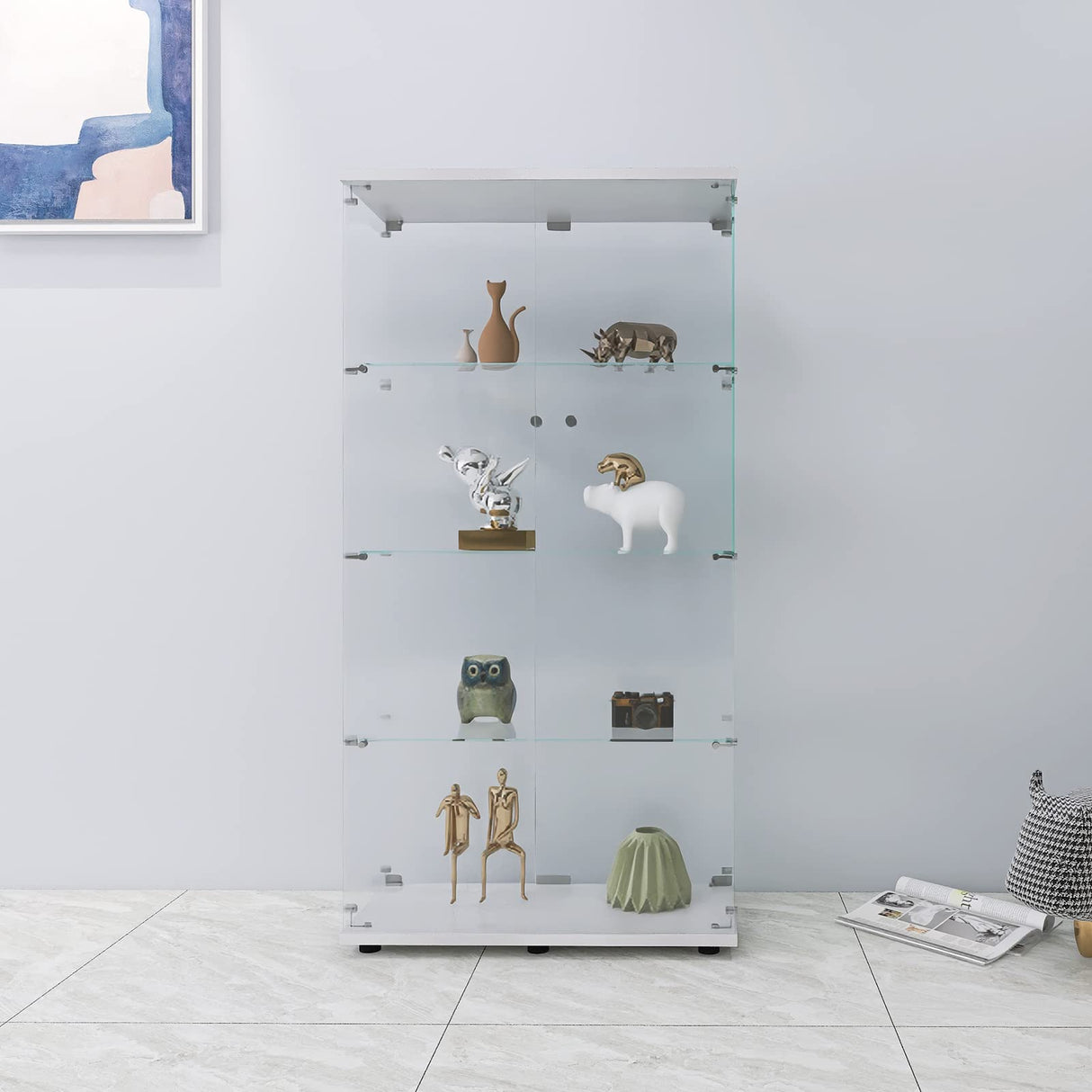 FANYUSHOW Elegant Glass Display Cabinet with Lock - Quick-Install 4-Shelf Curio Unit in White FANYUSHOW