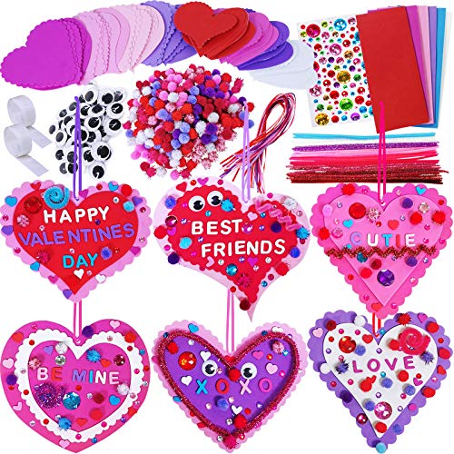 Winlyn 24 Sets Valentine's Day Heart Ornaments Decorations DIY Foam Heart Valentine Craft Kits Assorted Foam Heart Shapes Stickers Pom-poms Googly Winlyn