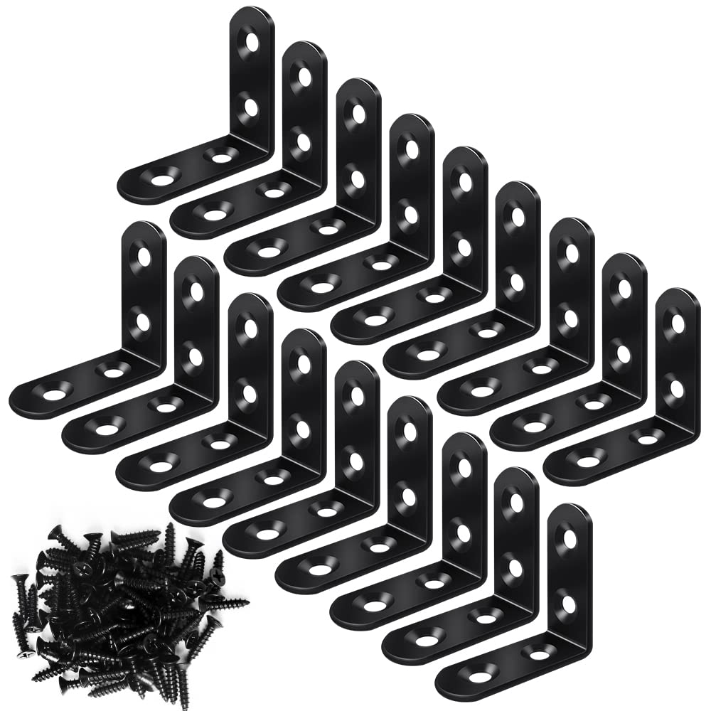 18PCS L Bracket Corner Bracket, FATLODA Stainless Steel L Brackets for Shelves, Black Small Right Angle Bracket, Metal Corner Brace for Wood FATLODA