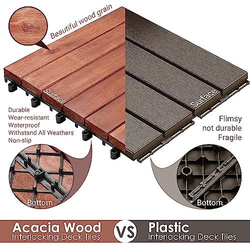 PrimeZone 54 PCS Solid Acacia Wood Interlocking Patio Deck Tiles - 12" x 12" Indoor Outdoor Waterproof Flooring Tiles for Balcony, Backyard, Garden & PrimeZone