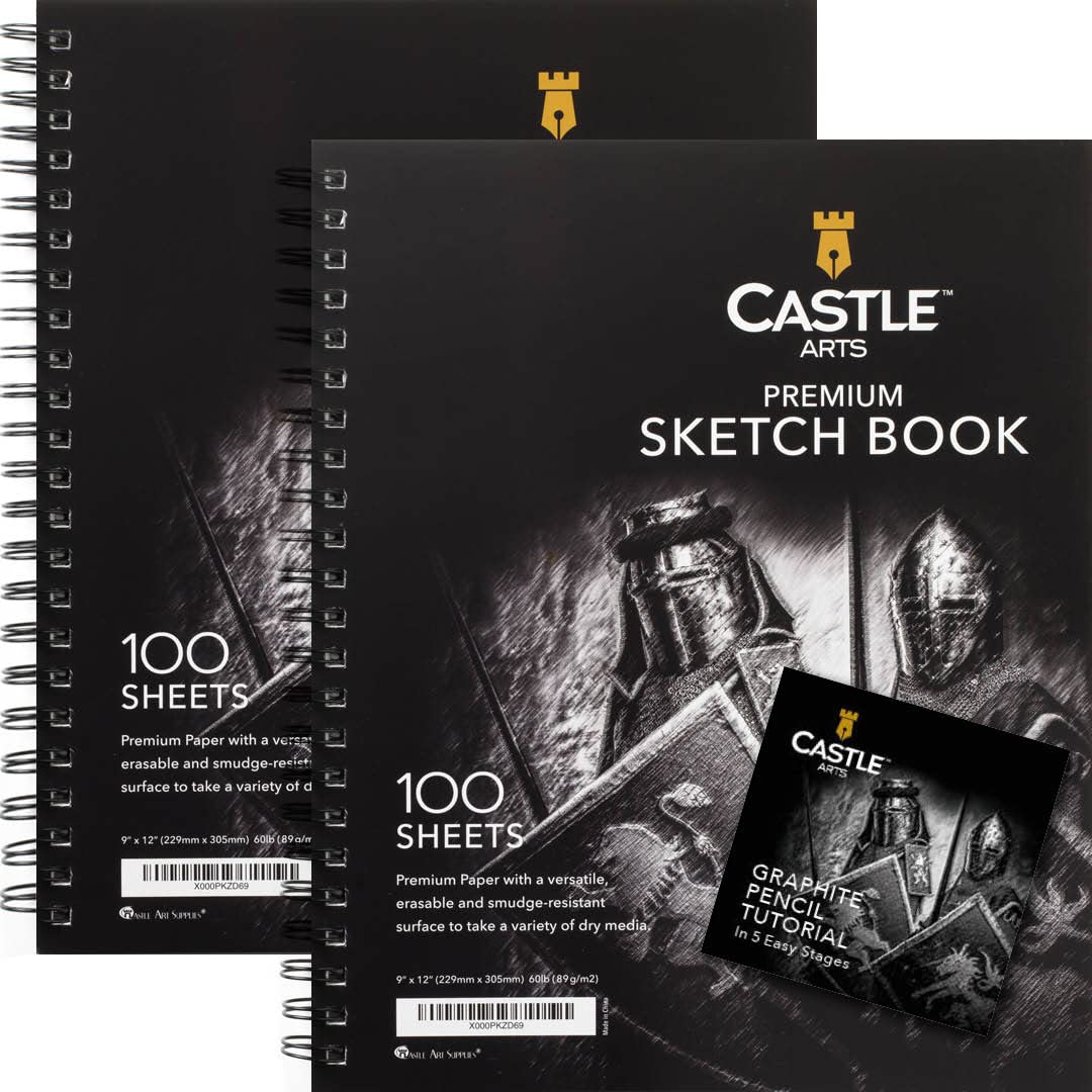 Castle Art Supplies Premium Sketch Book 9in x 12in | Double Sketch Pad Pack | 200 Sheets of Quality 90gsm Paper | for Adult Artists and Learners | Castle Art Supplies