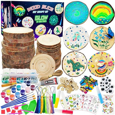 Wooden Crafts Kit for Kids - Glow in The Dark - Arts & Crafts Gifts for Boys Girls Age 6-12, 24 Wood Slices with Diamond Painting Craft Activities