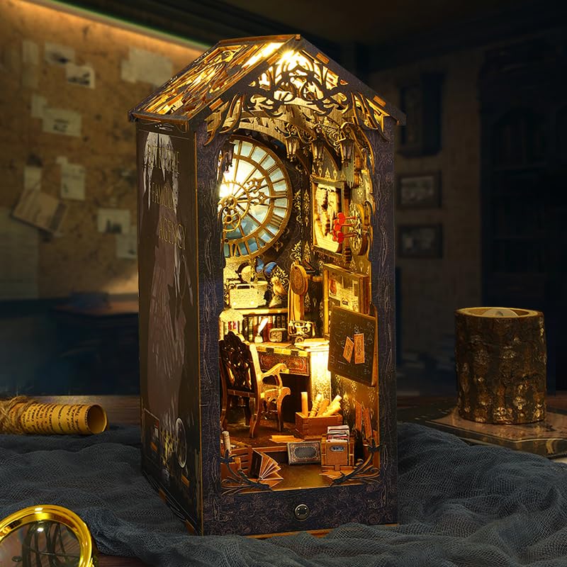 DIY Book Nook Kit Wooden Detective Agency Miniature Dollhouse Kit, Creative Bookshelf Insert Decor with Sensor LED Light, Bookend Building Hobbies 3D Hallisun