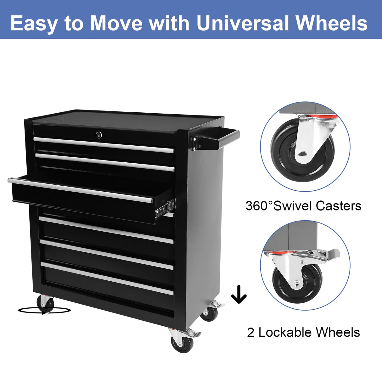 7-Drawer Tool Chest with Wheels, Rolling Tool Chest with Drawers, Top Cushion & 7PCS Tray Divider Set, Multifunctional Craftsman Tool Storage Chest Henf