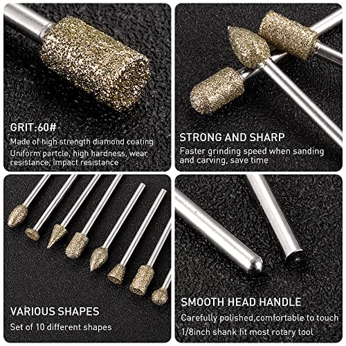 Diamond Grinding Burr Bit Set,20Pcs Rotary Tool Accessories Stone Carving Set with 1/8 inch Shank for Stone Ceramic Glass Carving, Grinding, shengbenhao