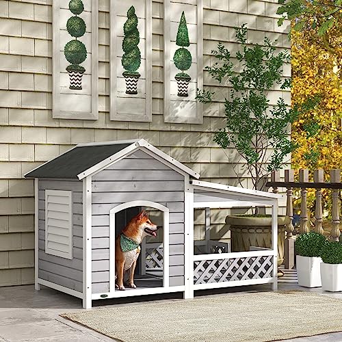 PawHut Wooden Dog House Outdoor with Porch, Cabin Style Raised Dog Shelter with Asphalt Roof, Doors, and Shutter Window, for Medium Large Sized Dog, PawHut