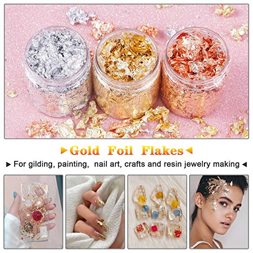 Gold Foil Flakes with Tweezers and Brush, 3 Bottles Imitation Gold Foil Flakes Metallic Leaf for Nail Art, Painting, Crafts and Resin Jewelry MEGANEOPRE