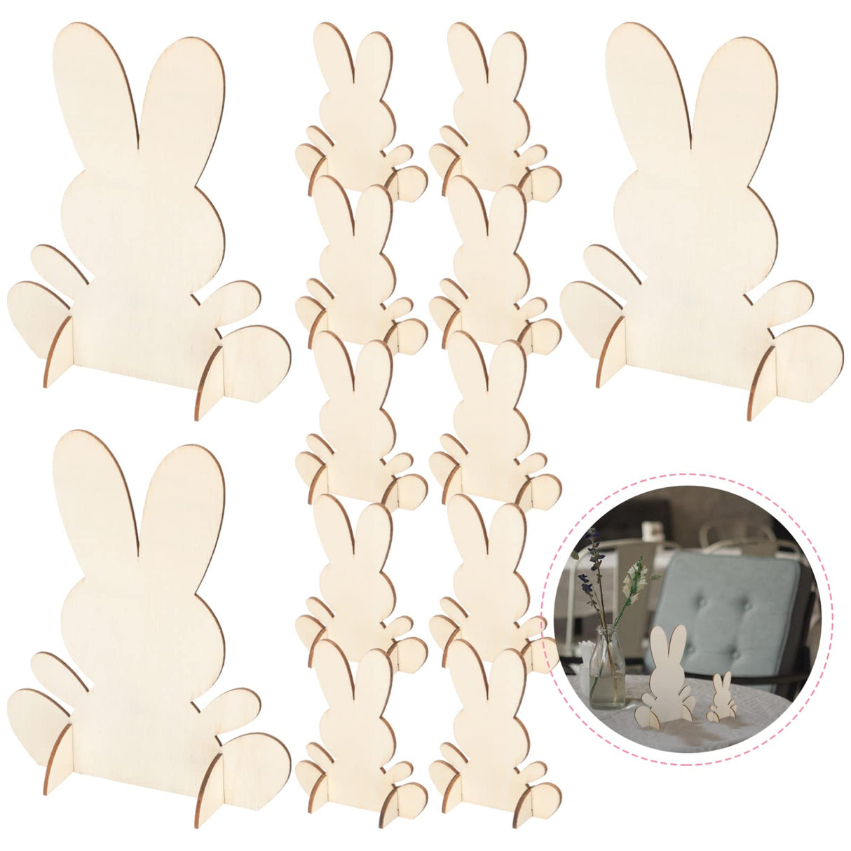 14pcs Wooden Bunny Cutouts Unfinished 3D Rabbit Stand Ornament Cutouts Craft for DIY Painting Table Decoration Halloween Christmas Birthday Gift Didiseaon