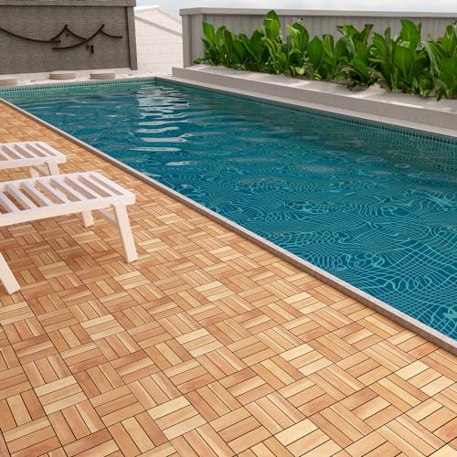 TimberWave Pack of 20 Deck Tiles, Solid Acacia Wood Floor Tiles, Patio Tiles Outdoor Interlocking Waterproof All Weather (12"x12" - 12 Slat, Golden TimberWave