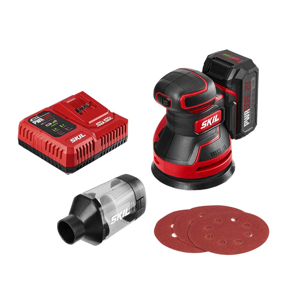 SKIL PWRCore 20 Brushless 20V 5-Inch Random Orbital Sander, Includes 2.0Ah Lithium Battery and PWRJump Charger - SR660302 Skil