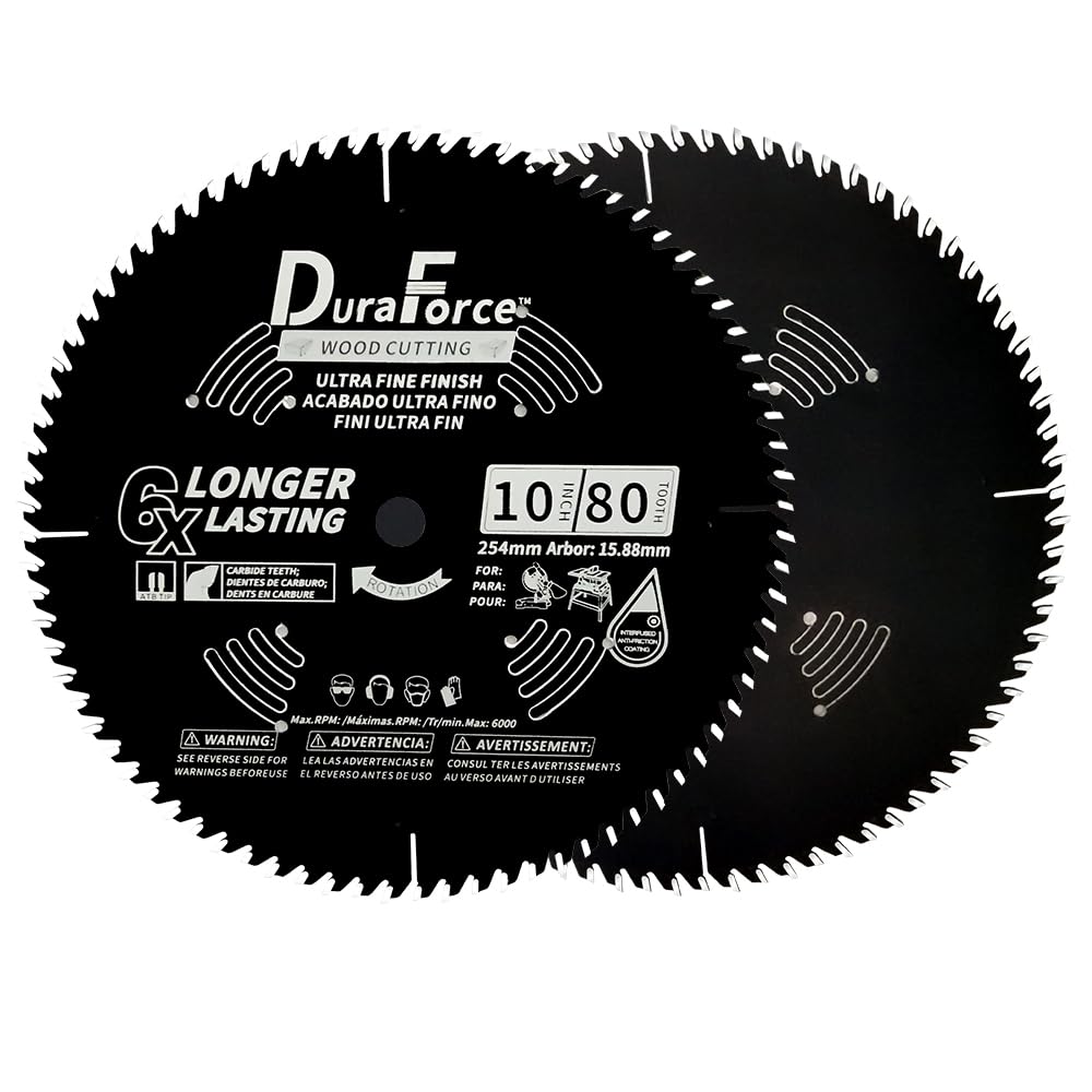 DuraForce 10 Inch 80 Tooth Professional Fine Finish ATB Saw Blade with 5/8 Inch Arbor & DuraGuard Anti-Stick Coating for Miter Saws and Table Saws DuraForce