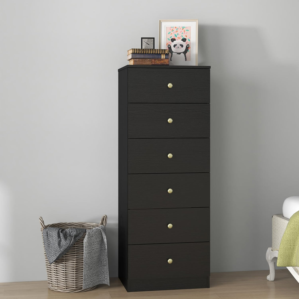 Modern 6 Drawer Vertical Dresser, Wood Tall Chest of Drawers N Arrow Storage Organizer with Wide Drawers & Metal Gold Handles for Bedroom, Living Panana