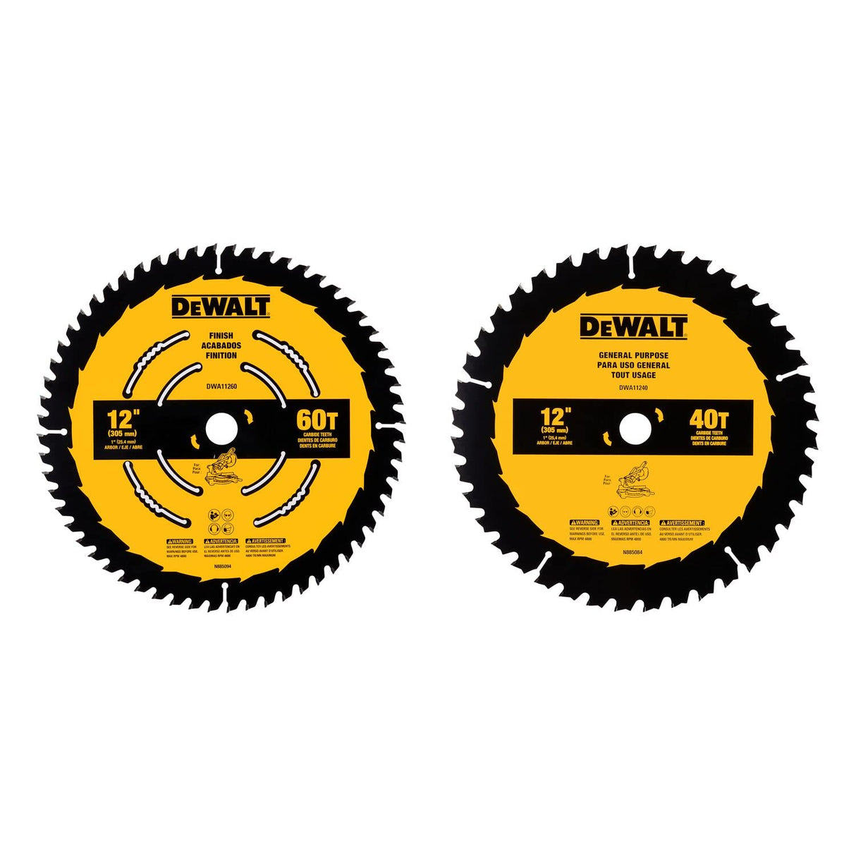 DEWALT Miter Saw Blade Combo Pack, 12” Blades, 40 Tooth & 60 Tooth, Fine Finish, Ultra Sharp Carbide (DWA112CMB) DEWALT