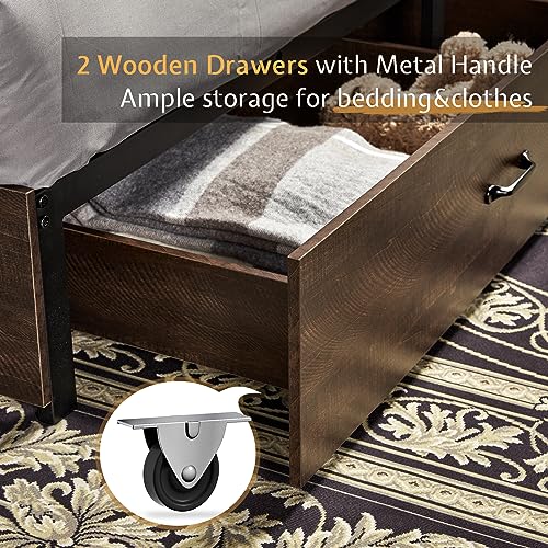 VanAcc Rustic Wooden Platform Storage Bed with Bookcase Headboard and Charging Station VanAcc