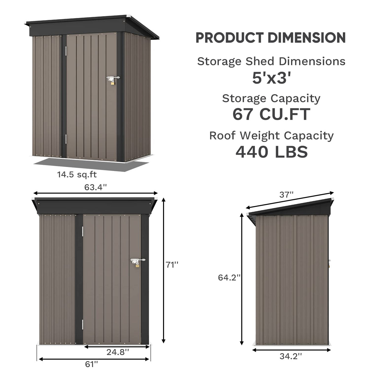 Patiowell 5x3 FT Outdoor Storage Shed, Tool Shed with Sloping Roof and Lockable Door, Metal Shed for Backyard Garden Patio Lawn, Brown Patiowell