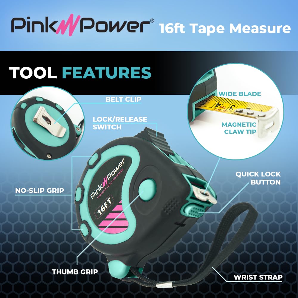 Pink Power 16ft Blue Tape Measure - Small Measuring Tape Measure for Tool Kit with Retractable Blade and Lock Button - Small Tape Measure - Heavy Pink Power