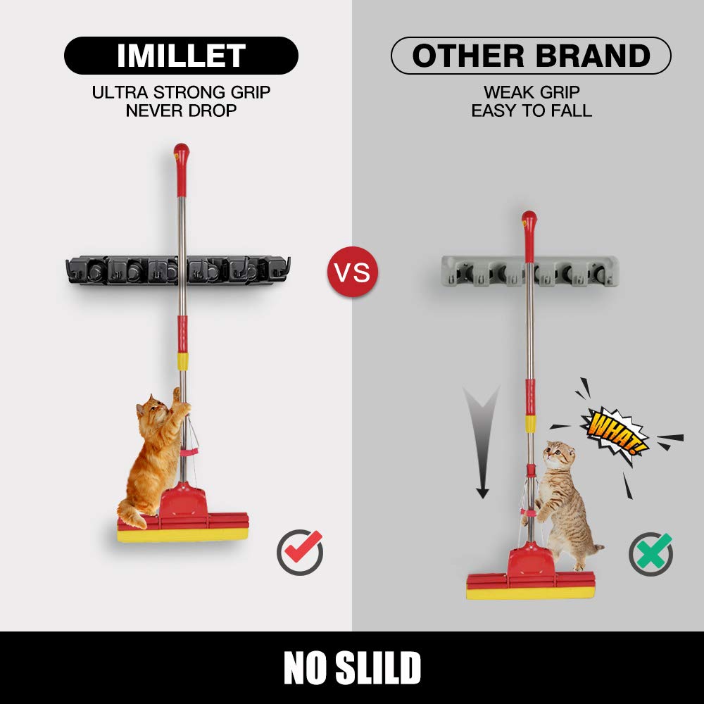 IMILLET 2 Pack Mop and Broom Holder, Wall Mounted Organizer Mop and Broom Storage Tool Rack with 5 Ball Slots and 6 Hooks (Black) IMILLET