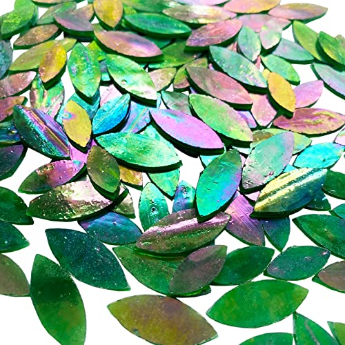 KALUCION 120 Pcs Iridescent Green Petal Mosaic Tiles, Hand Cut Stained Glass Petals, Floral Mosaic Tiles, Tiffany Glass Flower Petals Supplies Kit KALUCION